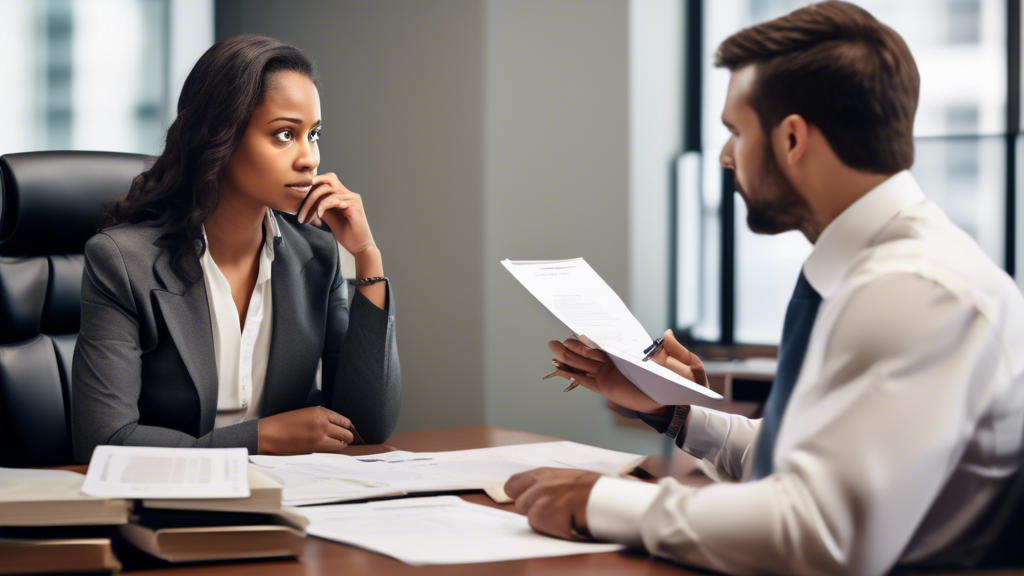 An image of a client and a personal damage lawyer sitting at a professional office desk, deeply engaged in conversation. The lawyer is attentively listening while the client speaks, holding a notepad with visible questions. The background features framed certificates and a shelf with legal books to convey expertise. A chart or document displaying successful past case results is subtly visible on the desk, and there is a comforting, trustworthy atmosphere in the room. Keywords: personal damage lawyer, consultation, client testimonials, past case success rates.