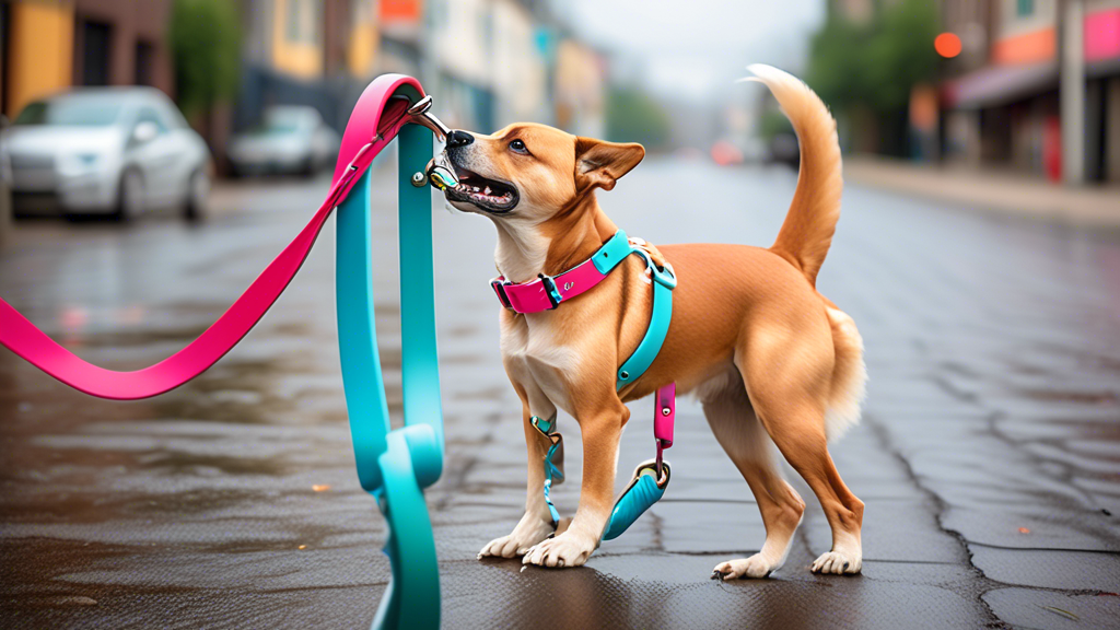 Create an image capturing a vibrant and stylish Biothane dog leash being used in a variety of everyday settings. Show the leash