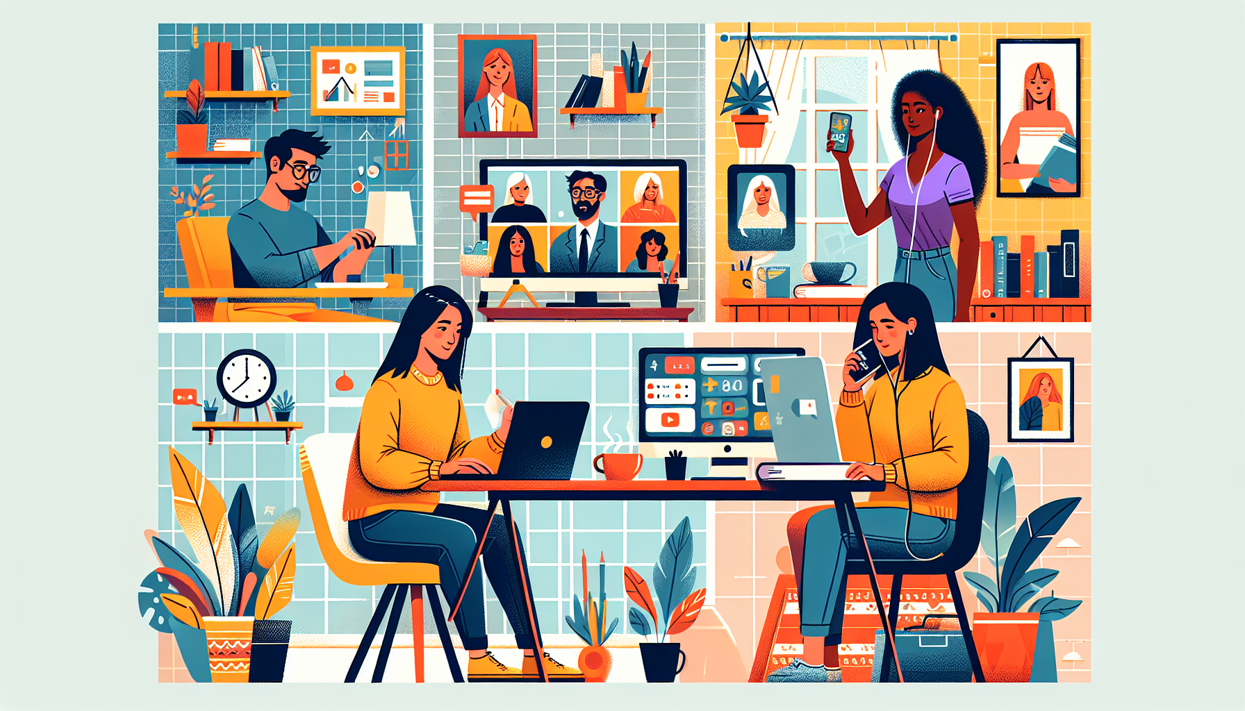 Create an image that showcases a diverse group of individuals working from their home offices engaged in different side gigs. On one side, someone is typing on a laptop, symbolizing freelance writing and content creation. Next to them, another person is coordinating tasks on a smartphone and computer, representing virtual assistance and administrative support. In another corner, a person is teaching math to a student via video call, indicating online tutoring and educational services. The background should feature cozy home environments with items like books, plants, and coffee mugs, reflecting a comfortable and productive atmosphere for home-based work. Text overlay: Best Side Gigs from Home.