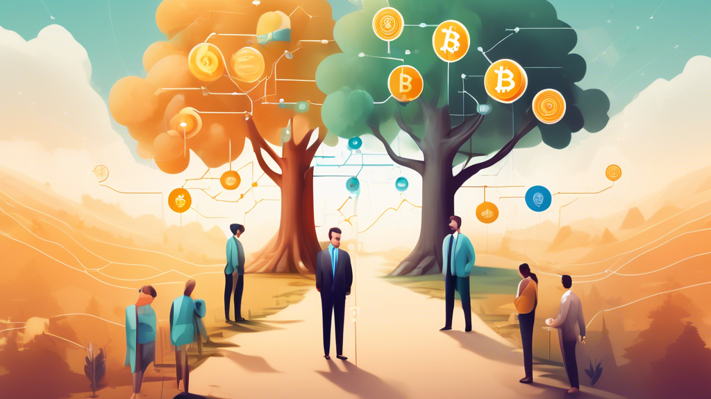 Create an image that captures the decision-making process for selecting the best crypto platform tailored to individual needs. The image should feature a user standing in front of a branching path with various signposts pointing to different investment goals like Short-term Trading, Long-term Holding, Advanced Tools Access, and Educational Resources. Each path sign should have recognizable symbols or icons related to its category (e.g., charts and graphs for advanced tools, book and headset for educational resources). The background should include elements representing geographic and legal considerations, such as flags and legal scales, to illustrate the importance of these factors.