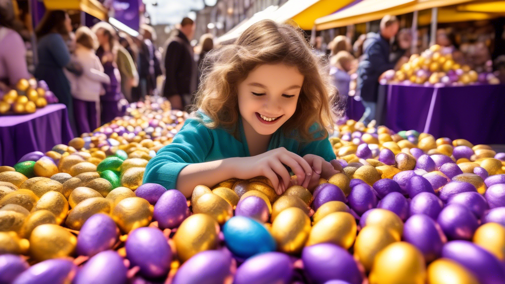 Relish the Magic: Explore a vibrant, crowded Easter market bustling with activity where families and children of diverse backgrounds are joyfully engaging in a longstanding tradition of searching for hidden Cadbury eggs. Emphasize close-up visuals of various Cadbury eggs, showcasing their shiny foil wrappings and the rich, creamy texture breaking open to reveal the smooth, luscious interior, set against a backdrop of festive decorations and hints of cultural symbols.