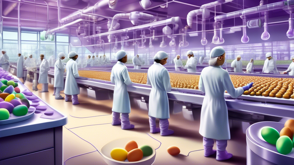 An artistic representation of a futuristic Cadbury egg factory, showcasing sustainable practices and biodegradable packaging materials, with a background of diverse scientists developing new exotic flavors in a lab setting.