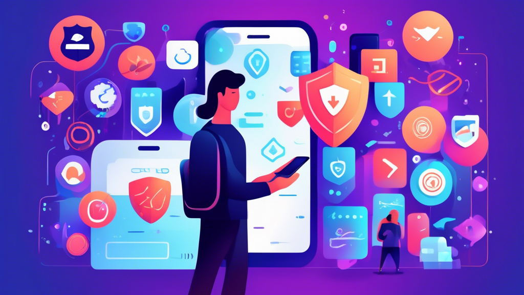 Create an artistic digital illustration showing a person holding a smartphone with a shield icon and checkmark on the screen, symbolizing security and protection. Surrounding the person are various icons representing speed, ease of use, and additional features like server locations and privacy. In the background, a stylized Android logo subtly reinforces the platform focus. 

**Text:** Tipps für die Auswahl des richtigen kostenlosen VPNs für Ihr Android-Gerät.

**Keywords in the Image:** best free vpn for android.