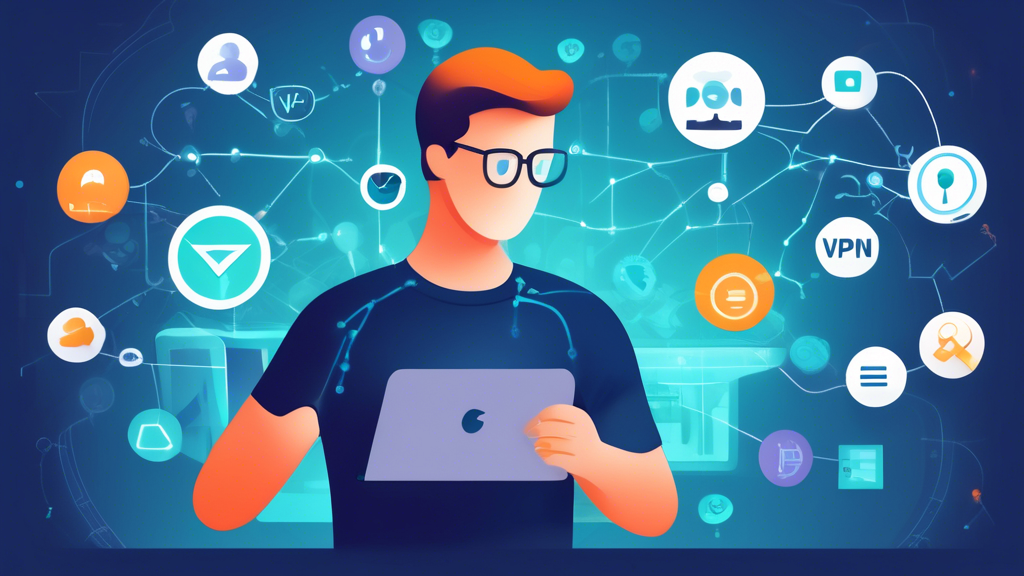 Create an image capturing long-term online privacy best practices. Show a person updating their device software settings, using a laptop connected to a VPN (Virtual Private Network), and carefully reviewing the information they are posting on social media. Highlight icons and symbols representing software updates, VPNs, and privacy controls against a backdrop of a connected digital world. Ensure a secure and mindful online environment is emphasized. Keyword: consumer online privacy.