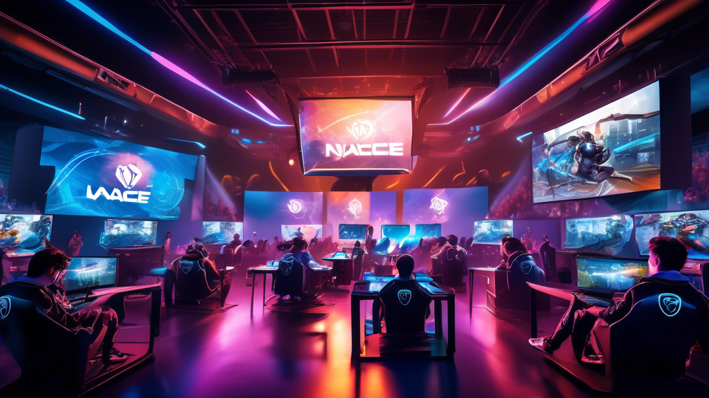 Create an image of a futuristic college esports arena filled with enthusiastic student gamers competing in a high-tech environment. The scene should include advanced gaming setups with VR headsets and holographic displays, capturing the excitement and innovation in collegiate esports. In the background, highlight the NACE logo on large screens, showcasing their role in pushing the boundaries of esports technology and growth.