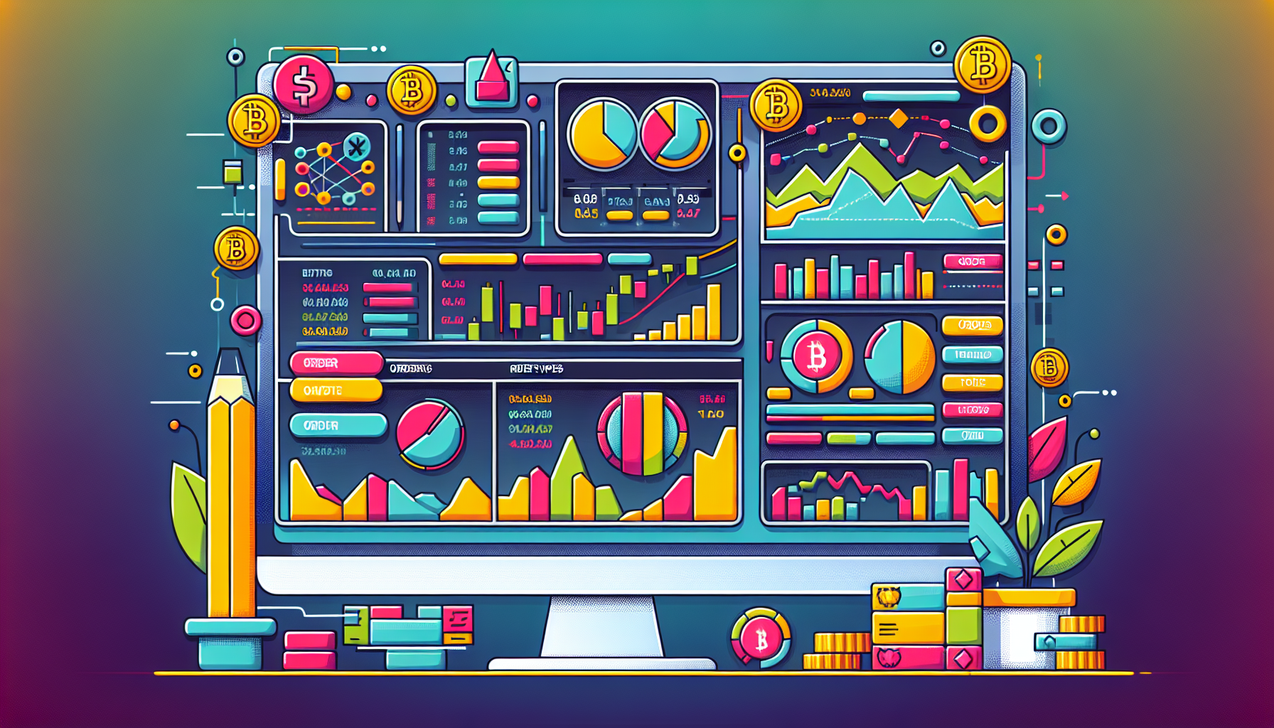 Create an image depicting the trading process on Huobi Exchange, featuring a user-friendly cryptocurrency trading interface with various order types and trading tools displayed on a screen. Include visual elements like graphs, charts, and trading pairs, emphasizing a seamless and detailed trading experience.