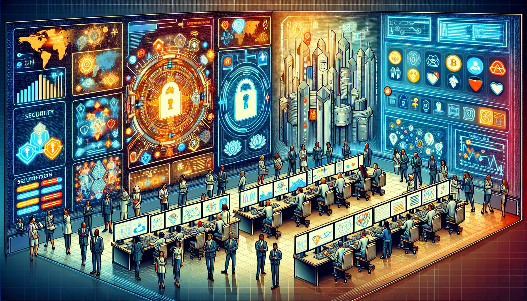 Create a detailed illustration that showcases the Security and User Support on Huobi Exchange. Imagine a high-tech control room with advanced security systems like blockchain encryption displayed on monitors, illustrating the deployment of modern technologies for asset protection. Include a customer support center where representatives are assisting users, with educational resources such as guides and webinars visible in the background. Emphasize the aspects of security protection and user support to capture the main points effectively.