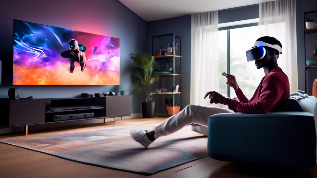 Create an image of a sleek PlayStation 5 setup in a modern living room, seamlessly integrating with the PS VR 2 system. The scene should depict a user in the foreground wearing the advanced PS VR 2 headset, fully immersed in a vibrant virtual reality game. Emphasize the clean, streamlined connection between the PS VR 2 and the PlayStation 5 console, highlighting the ease of setup and compatibility. In the background, showcase elements of the PlayStation ecosystem, such as a game library or multiplayer experience, reinforcing the convenience and enhanced overall gaming experience of using one unified platform for both VR and traditional gaming. Use the keyword buy ps vr 2 subtly incorporated into the room decor, like on a poster or digital screen, to subtly suggest the product