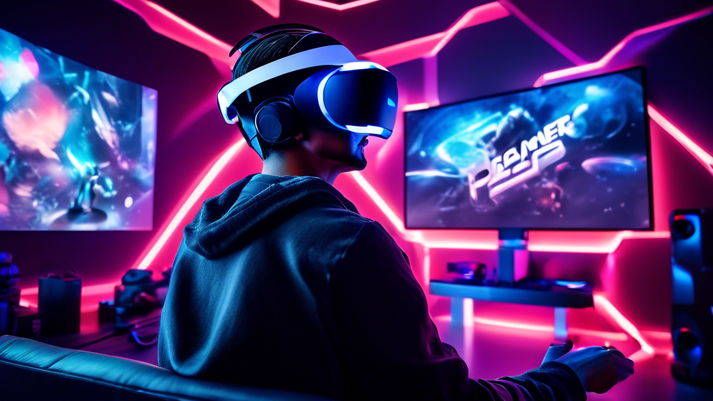 A futuristic gaming setup showing a gamer using the PS VR 2 headset in a sleek, modern room. The background features futuristic decor and cutting-edge gaming equipment. The gamer is immersed in a vivid virtual reality world displayed on a large screen, symbolizing the long-term benefits, potential updates, and new game releases associated with the PS VR 2. The image captures the essence of future-proofing your gaming experience, showcasing the growing trend of virtual reality in the gaming industry and positioning the PS VR 2 as a leader in this evolving market. Keywords: buy ps vr 2, futuristic gaming, virtual reality.