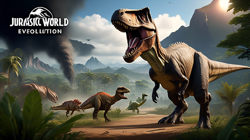 Create an image showcasing the exciting features and gameplay enhancements in Jurassic World Evolution 2 on the PS4. Picture a lush, diverse ecosystem teeming with new dinosaurs of various species interacting dynamically. Highlight the advanced AI and natural behaviors, with dinosaurs hunting, grazing, and socializing. Add elements of park customization, showing intricately designed enclosures, visitor pathways, and facilities. Feature the game