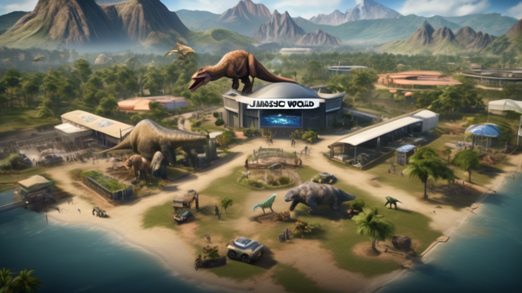 Create an image that showcases key strategies for mastering Jurassic World Evolution 2 on the PS4. The image should depict a bustling dinosaur park being efficiently managed. Highlight park management by showing a control room with a detailed map and monitors, zookeepers attending to various dinosaur species, and well-organized resources such as food and medical supplies. Incorporate elements of popular mods or community extensions subtly in the layout to appeal to fans. Set against the backdrop of lush, realistic ecosystems and advanced building structures to emphasize the gameplay enhancement. Keywords: jurassic world evolution 2 ps4, park management, dinosaur care, modded features.