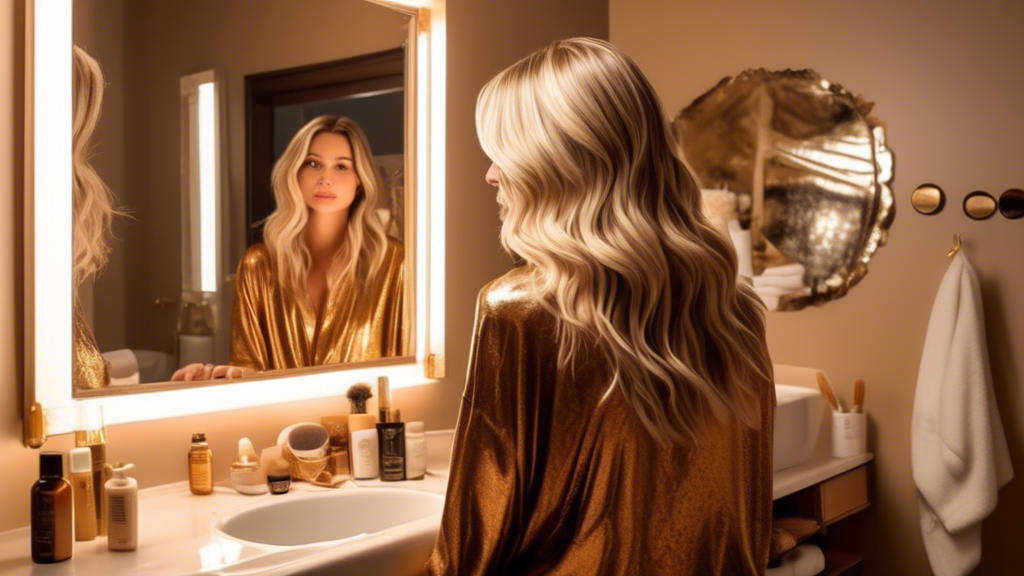 Prompt for DALL-E: 

Create an image of a cozy bathroom scene with a woman standing in front of a mirror, applying blonde foils to her brown hair using a DIY foiling kit. The bathroom should have natural lighting and essential hair care products neatly arranged on the counter. Emphasize the contrast between the blonde foils and her natural brown base, and include a small, framed infographic on the mirror listing daily hair care tips for maintaining colored hair.