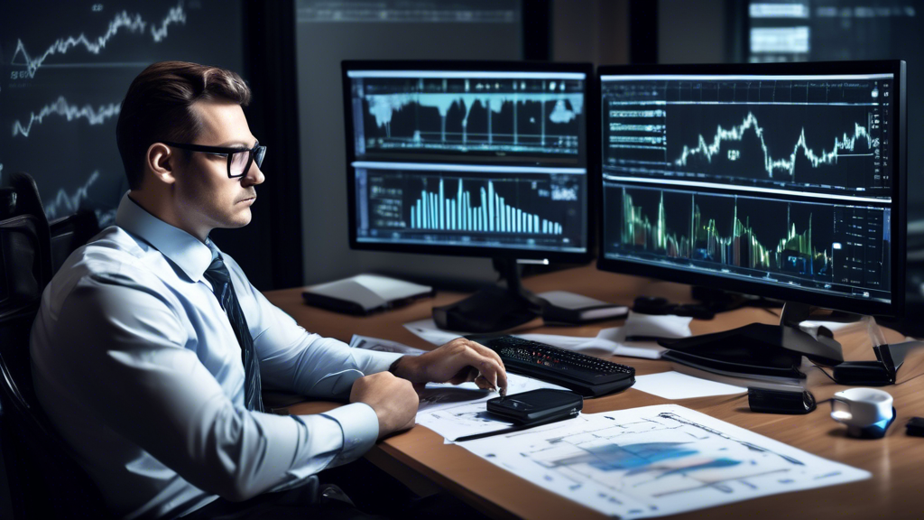 Create an image of a professional financial trader sitting at a desk with multiple computer screens displaying charts, graphs, and financial data. The trader is using a calculator and referencing a notepad, methodically calculating IB Futures Margin. The background should include elements like a whiteboard with formulae, and books or documents on financial trading. The overall atmosphere should be serious and focused, conveying the precision and diligence involved in calculating and managing IB Futures Margin effectively.