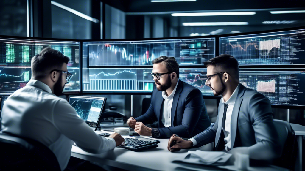 An analytical team of forex experts leveraging advanced technology to generate high-accuracy forex signals, featuring diverse individuals intensely monitoring computer screens with various charts, focusing on performance metrics and historical data, embodied in an office environment to emphasize reliability and expert analysis.