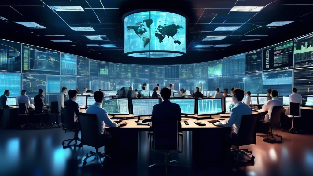 An artistic representation of a room filled with forex traders attentively observing multiple digital screens displaying dynamic forex charts, graphs, and global maps. Each trader is analyzing data from different top-rated Forex signal providers, juxtaposed with digital glowing reviews and performance statistics floating in the air above their desks. Include visible elements representing technology and expert analysis tools, enhancing the high-tech, strategic environment. Emphasize a diverse group of traders, from novices to experts, each cooperating and individualistically assessing the best paid forex signals.