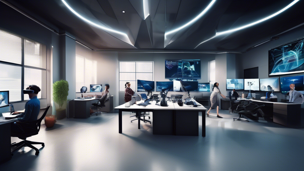 **DALL-E Prompt:**

Create an image of a modern office environment where several employees are testing different commercial virtual reality systems. They are seated at workstations with VR headsets, controllers, and high-end PCs. There are charts, graphs, and brochures on the walls and desks detailing factors to consider when choosing a VR system, such as budget, use-case compatibility, and return on investment. Include a futuristic, clean aesthetic emphasizing the professional setting and advanced technology being showcased.