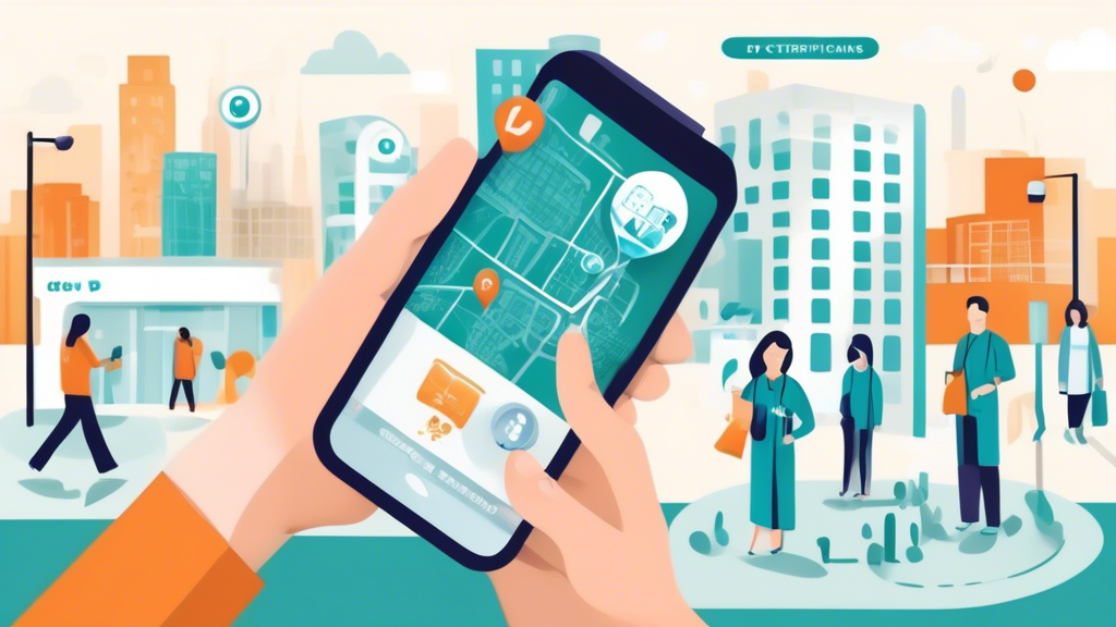 Create an image that showcases a person searching for DOT certified physicians on their smartphone. The image should include an open map app with location pins marking local clinics and hospitals, indicating available DOT physicals. There should be icons or labels featuring tools and apps designed to help locate nearby DOT certified physicians. The background can include a blend of urban and suburban healthcare settings, showing buildings with signs for clinics and hospitals.