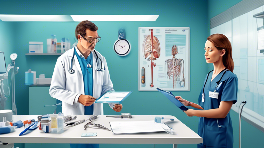 Create a detailed, realistic illustration of the inside of a medical examination room. A commercial driver is sitting on the examination table with a friendly DOT certified physician standing nearby, holding a clipboard. The physician is explaining various medical instruments on a nearby tray. The driver has a relaxed, confident expression, indicating that the procedure is straightforward and professional. There are medical posters and certifications on the walls, emphasizing the importance and thoroughness of the DOT physical examination process.