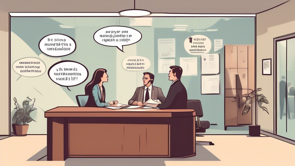 Create an image titled Questions to Ask Accident Lawyers During Initial Consultation. The scene is inside a well-lit, modern law office. A worried client sits across from a professional-looking accident lawyer; both are engaged in a serious discussion. On the desk between them, there