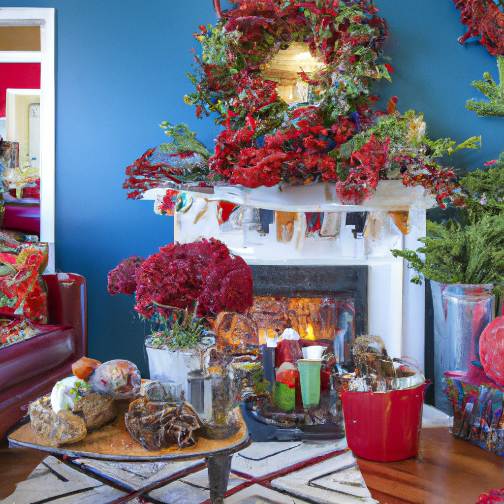 A cozy, modern living room decorated for Christmas with a stylish touch. Show a festive scene featuring a beautifully adorned fireplace with stockings and garlands. Highlight innovative holiday fragrances: a jar of gingerbread and biscotti potpourri, a bowl of cranberries and pomegranates as a centerpiece, and eucalyptus and wintergreen sprigs nestled among the decorations. Incorporate a sense of warmth and comfort, with soft lighting and a contemporary aesthetic. Keywords: modern Christmas scents, innovative holiday fragrances, cozy living room, festive decorations.