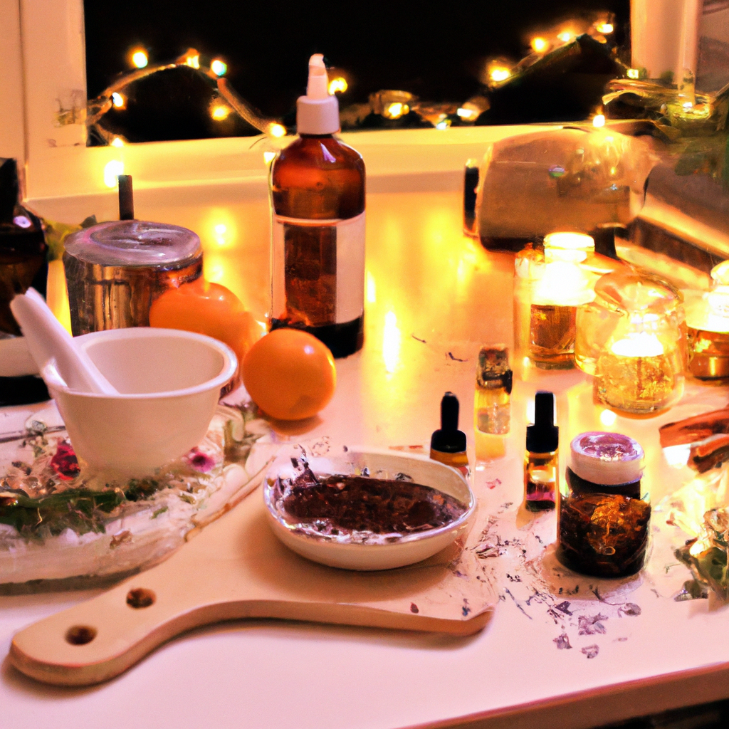 Create an image of a cozy kitchen scene filled with DIY Christmas scents. Showcase essential oil bottles and mixing tools on the counter, a simmer pot in action with oranges, cloves, and cinnamon sticks releasing steam, and homemade scented candles and wax melts resting on the table. Add holiday décor like garlands, fairy lights, and stockings to evoke a personalized festive atmosphere. Keywords: DIY Christmas scents, homemade fragrances, festive atmosphere.