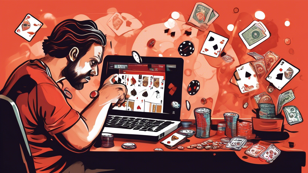 An illustrated guide showcasing common mistakes made by online poker real money players. The scene should depict a frustrated player at a computer, surrounded by thought bubbles illustrating various pitfalls such as 