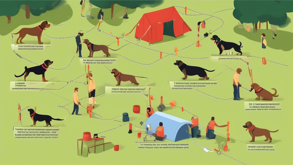 Create a detailed image showing essential gear and preparations for dog long line training. The scene should include various types of dog long lines in different lengths and materials laid out neatly, alongside necessary equipment such as collars, harnesses, and additional accessories like treats and portable water bowls. A peaceful outdoor environment should be depicted where the training will take place, with shaded areas, open fields, and safety markers. Include a friendly dog in the image getting familiarized with the long line, with a trainer preparing and organizing gear with an attentive but relaxed demeanor.
