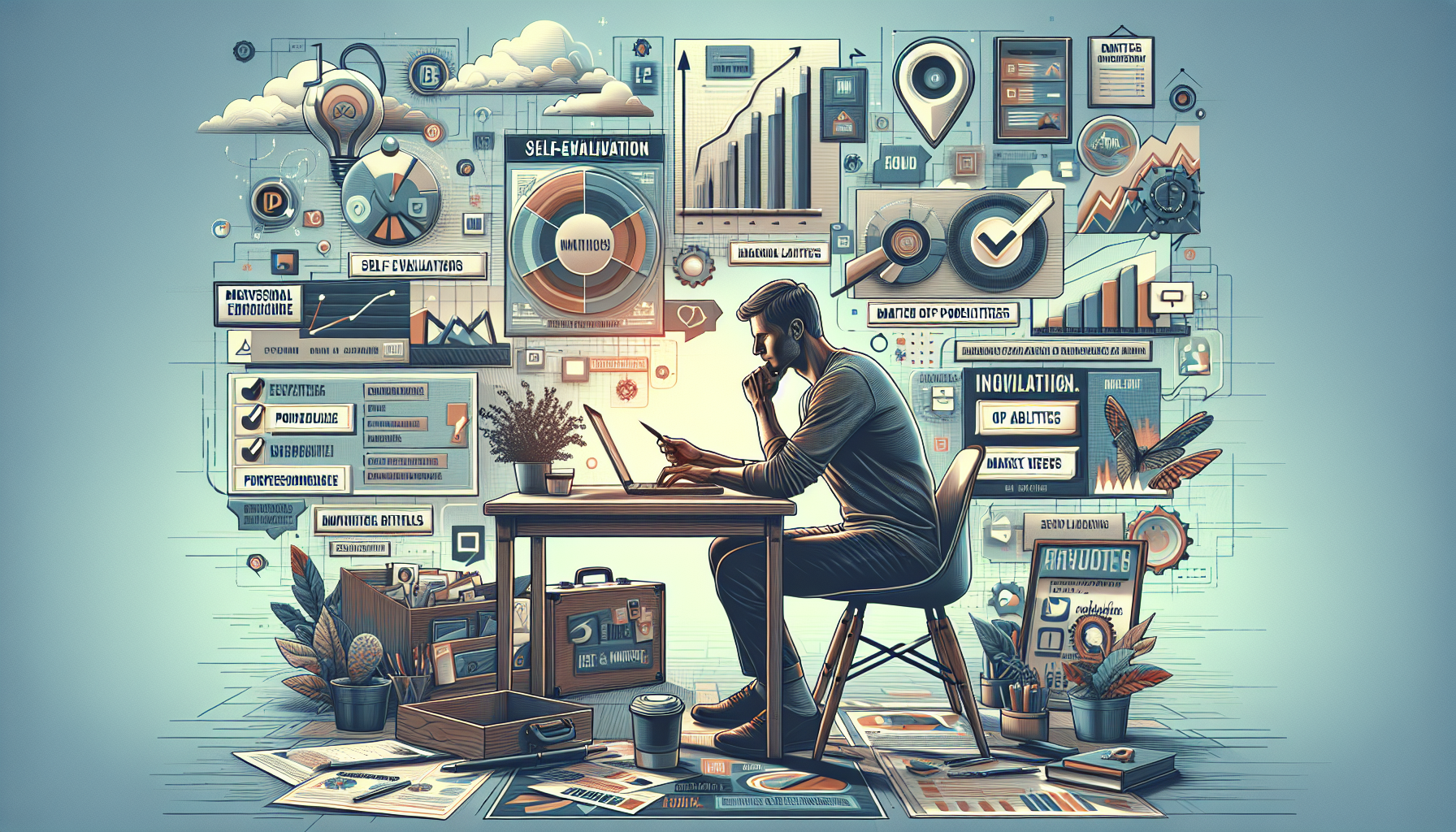 Create an illustration that portrays someone taking the first steps to start their own online side hustle in 2022. The image should feature a person at a desk with a laptop, surrounded by items like a self-assessment checklist, a professional portfolio, social media icons, and notes about matching skills to market demands. The background should include a modern home-office setting with motivational elements like posters or quotes about starting new projects.