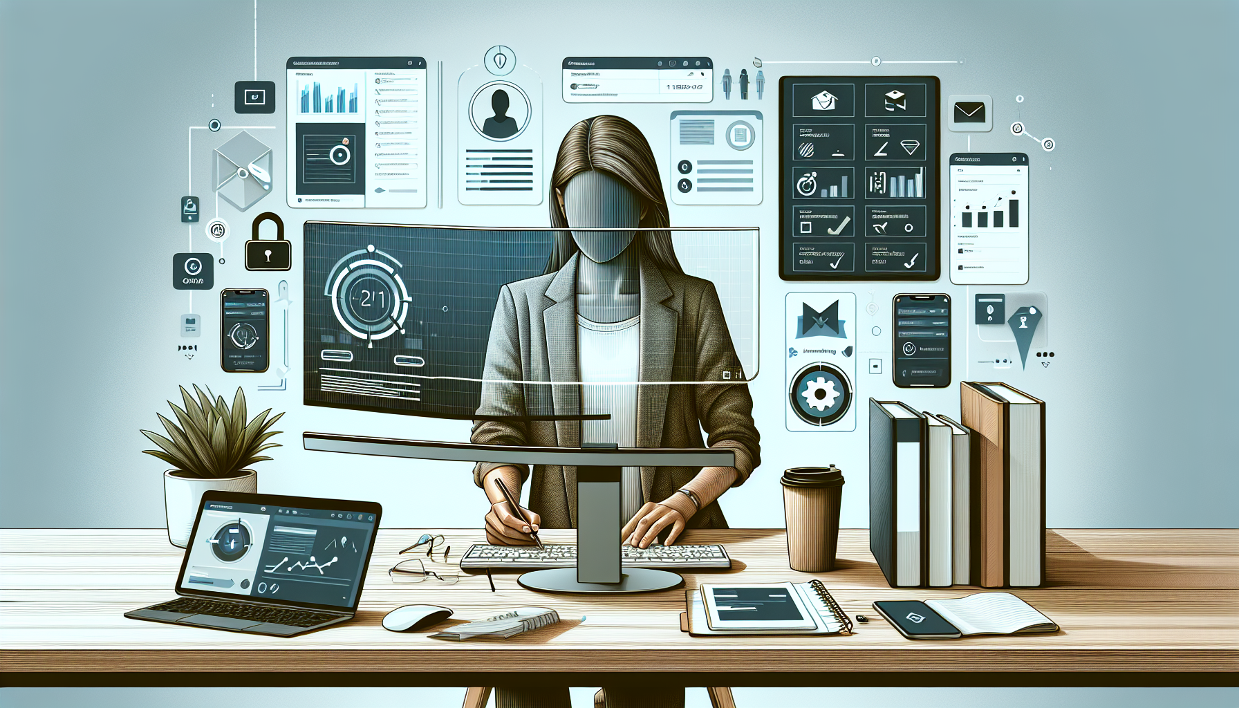 Create an image for a blog section on Tips and Tools for Success in Your Online Side Hustle with the following elements:

- A person working at a desk with dual monitors, one showing a project management tool like Trello or Asana, and the other showing invoicing software.
- A smartphone on the desk displaying notifications for time management.
- Books or a tablet on the side with visible titles like Online Courses and Industry Trends.
- A tidy, organized workspace, emphasizing productivity and efficiency.
- Background elements hinting at balanced life, such as a coffee cup, potted plant, or calendar with a mix of professional and personal events.