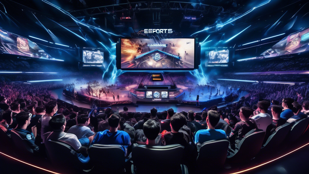 Create an image that captures the era of eSports growth and mainstream recognition. Show a dynamic eSports tournament scene with a large, electrified audience, massive screens displaying competitive gameplay, and a diverse group of professional gamers on stage. Incorporate state-of-the-art streaming platforms and gaming technology to highlight how these innovations have transformed eSports into a globally influential and professional arena. Keywords: esports mainstream recognition, global influence on esports online, technology in esports, streaming platforms in esports.