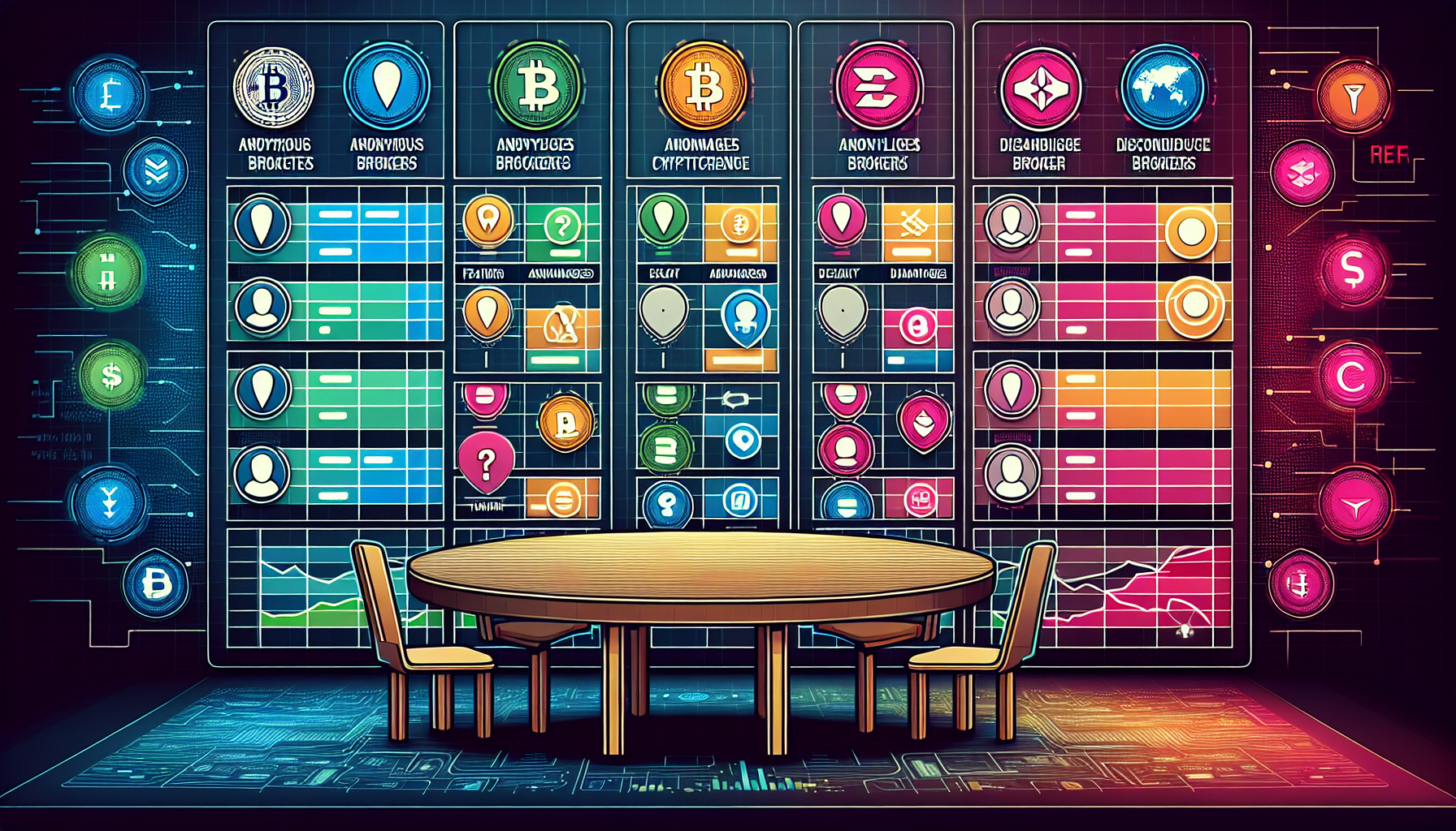 Create an image that features a detailed comparative table showcasing the top cryptocurrency brokers of 2023. Each broker should have its own column highlighting key features, advantages, and disadvantages. The table should be set against a modern, tech-themed background with graphical elements such as cryptocurrencies
