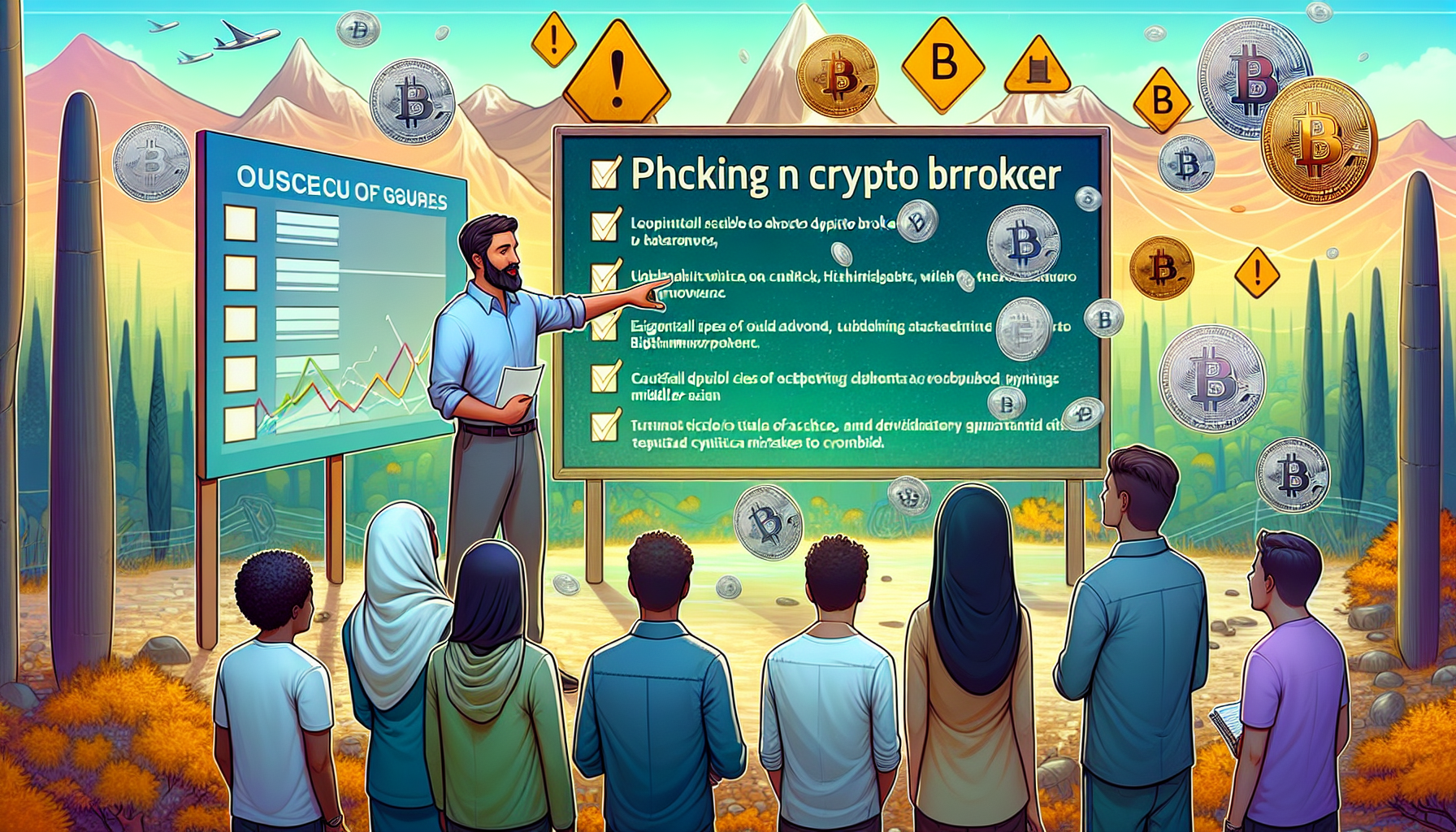 Create an image illustrating the following prompt for DALL-E:

A friendly guide figure giving advice to a group of diverse users on selecting the best crypto broker. The guide is pointing to a bulletin board filled with checklists, important tips, and warning signs about common pitfalls to avoid. In the background, a serene scene with digital currency symbols subtly integrated into the landscape, representing the crypto world.