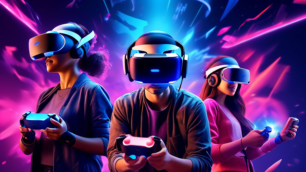 /Imagine a scene depicting a group of gamers immersed in a vibrant and dynamic gaming environment with the new PS VR headset. Show the gamers wearing the next-gen PS VR headsets, demonstrating the seamless integration with the PlayStation 5. Create a visually stunning background showcasing a diverse array of games being played—from action-packed adventures to serene explorations. Highlight the stunning 3D audio and advanced visual fidelity, illustrating the cutting-edge audio and visual innovations that heighten the gaming experience. Using a realistic style, capture the essence of the thrill and immersion that the new PS VR offers. Keywords: new PS VR, immersive gaming, PlayStation 5, advanced 3D audio, visual fidelity.