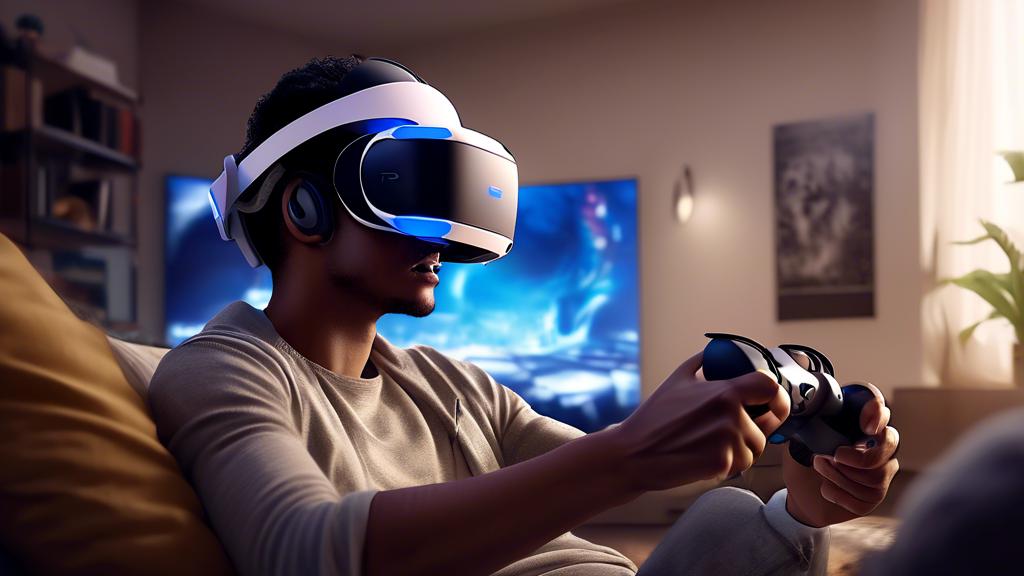 Create a highly detailed digital artwork depicting the new PS VR headset, showcasing its ergonomic design and emphasizing comfort and usability enhancements. The scene includes a user comfortably playing a game in a cozy living room, with the updated, sleek headset fitting perfectly on their head. Illustrate the ease of the user-friendly setup process with simple, intuitive steps in the background. Add visuals of customizable options like adjustable head straps and additional accessories neatly arranged nearby. The overall atmosphere should feel inviting and illustrative of a seamless virtual reality experience designed for extended use. Keywords to guide the artwork: new PS VR, ergonomic design, comfort, usability enhancements, user-friendly setup, customizable options.