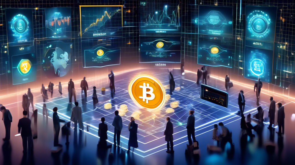 Create an image depicting the dynamic impact of cryptocurrency on global financial markets. Illustrate a futuristic stock exchange floor buzzing with traditional traders and digital screens displaying cryptocurrency prices alongside conventional financial indices. Show holographs of various cryptocurrencies intermingling with traditional stock tickers, surrounded by symbols of decentralized finance (DeFi) such as blockchain chains and digital wallets. Include elements representing both the benefits and challenges, such as arrows showing market growth and caution signs. Highlight the merging of finance and cryptocurrency with a visual contrast between old and new financial symbols.