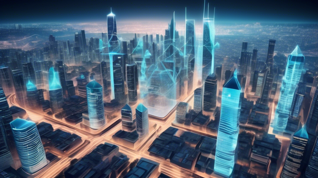 Create an image of a futuristic financial cityscape where traditional bank buildings are seamlessly integrated with digital cryptocurrency hubs. Advanced holographic interfaces show dynamic financial data combining fiat currency metrics and cryptocurrency market trends. The skyline should feature next-gen technologies like blockchain towers, automated trading drones, and secure digital wallets. The atmosphere should evoke a sense of technological advancement and innovation in the world of finance, encapsulating both the promise and challenges of this evolving landscape.