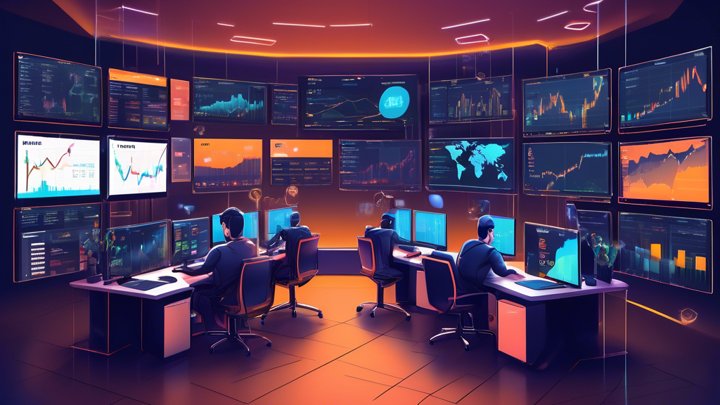 A highly detailed digital illustration showcasing the Bybit trading platform on multiple screens, emphasizing specialized features for high-volume trading. The scene includes charts with leverage options, diverse supported crypto assets, and advanced trading tools. The background shows a sleek, modern trading room with professional traders deeply engaged at their desks, highlighting the advantages and limitations of Bybit for margin trading. The overall atmosphere conveys a sense of sophistication and expertise, underscoring Bybit’s suitability for advanced traders.