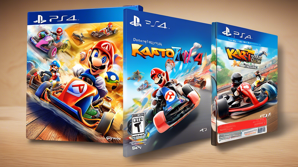 Create an image depicting a group of PlayStation 4 game covers placed on a wooden table, featuring lesser-known yet vibrant and imaginative kart racing games. Each cover should have a uniquely designed kart and charismatic characters racing, reminiscent of the spirit of Mario Kart. Include elements like user review ratings and short pros and cons summaries scattered around the covers, in a visually appealing way.