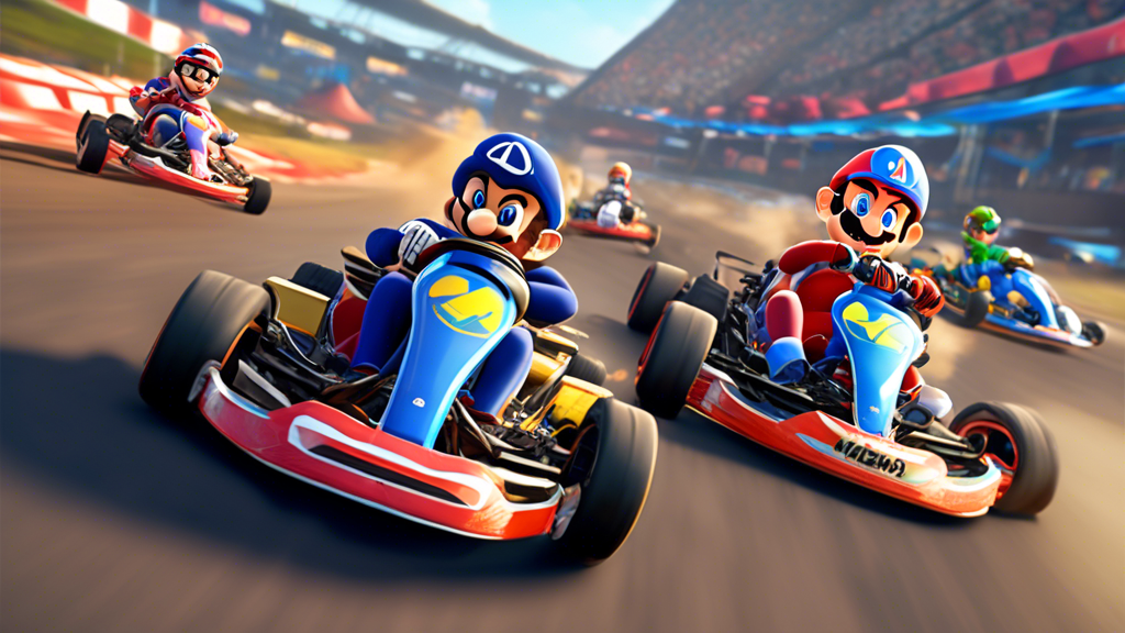 Create an image showcasing a lively, split-screen multiplayer experience of a kart racing game on the PlayStation 4. Depict vibrant and dynamic race tracks with multiple players using different PS4 controllers, engaged in a thrilling race. Include elements like power-ups and speed boosts to reflect the competitive spirit, similar to Mario Kart’s iconic multiplayer fun. Show a mix of both local couch co-op and an online gaming setup with headsets and chat interactions to highlight the comprehensive multiplayer options.