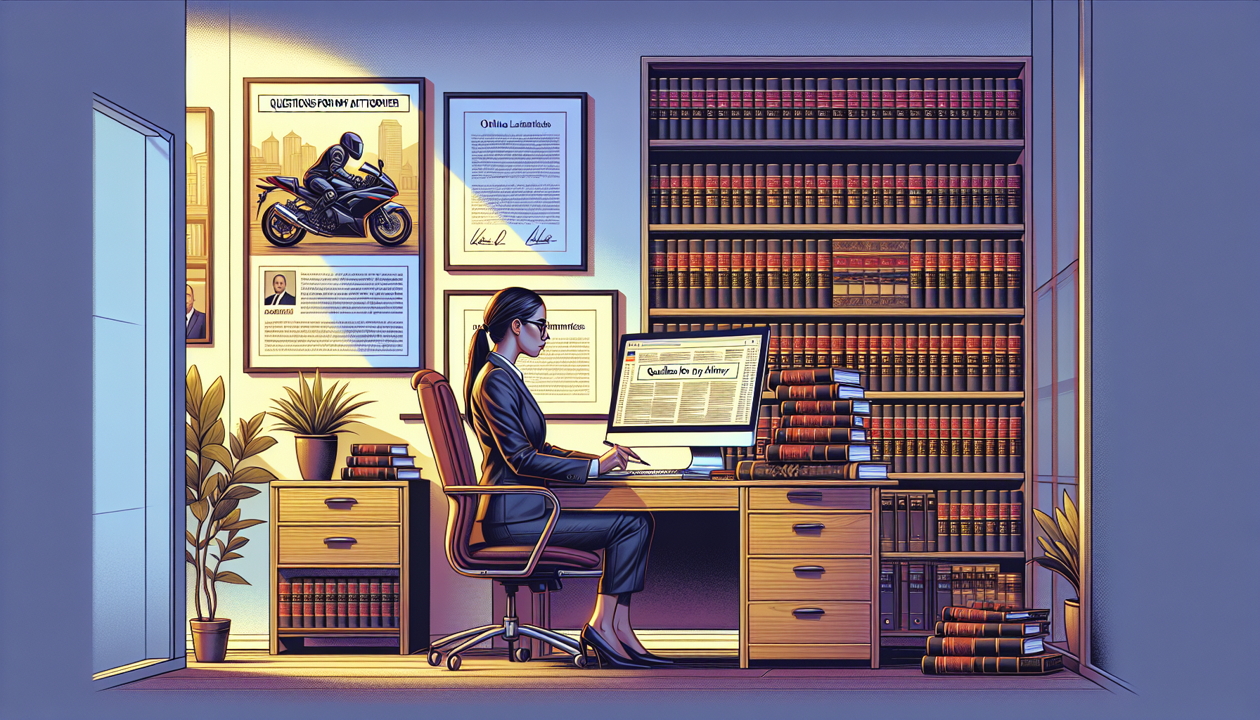 An illuminated office space depicted in warm, ambient tones, featuring a series of law books related to motorcycle law prominently displayed on a wooden shelf. In the foreground, a focused lawyer sits at a large, tidy desk, browsing through an online legal directory dedicated to motorcycle crash attorneys on a sleek, modern computer. The background subtly includes framed testimonials hanging on the wall, and a notepad visible on the desk with a list titled 