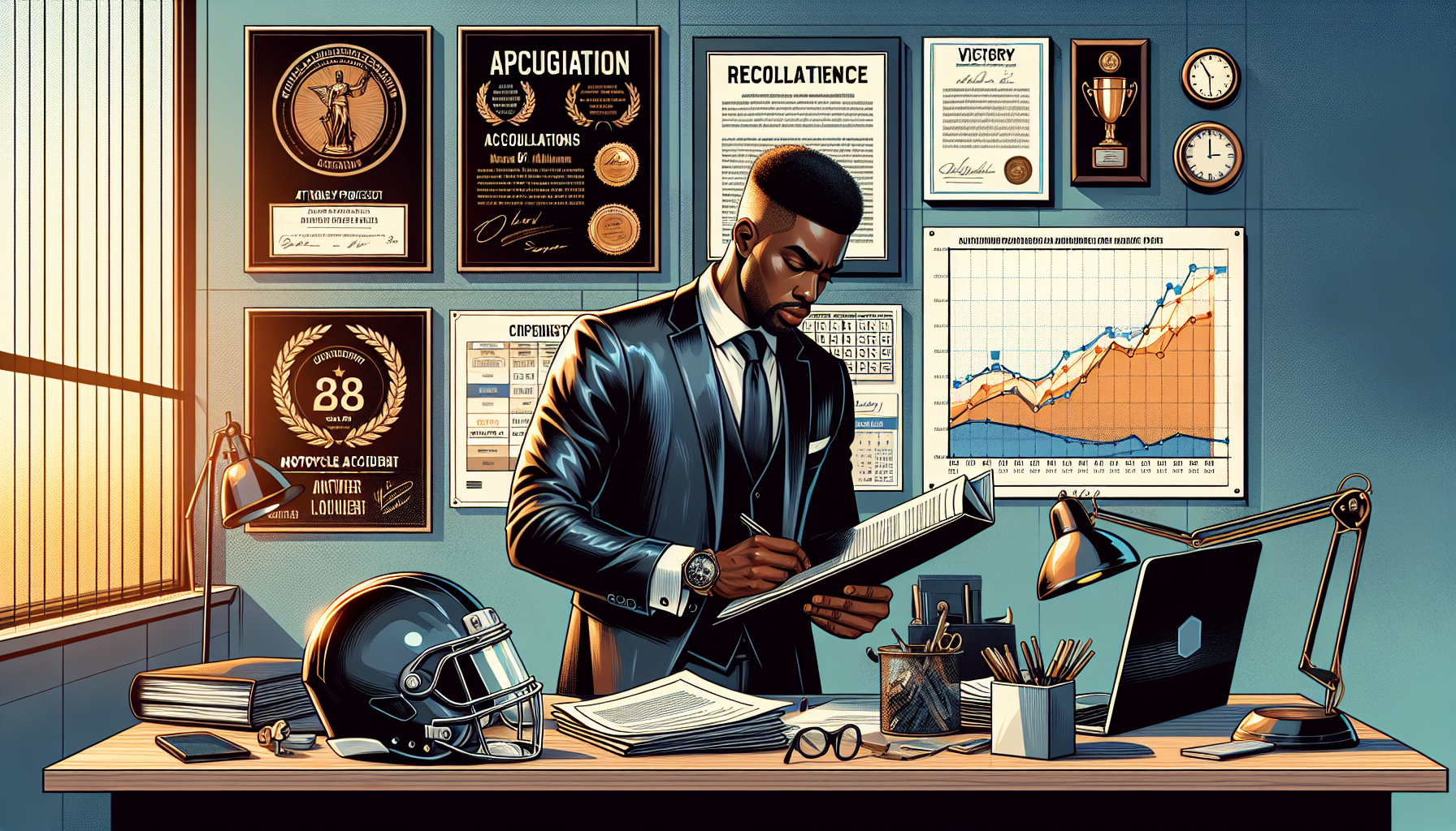 Prompt: A professional office scene depicting a highly-qualified motorcycle crash attorney reviewing a successful case file, surrounded by certificates of membership in relevant legal associations, awards for excellence in motorcycle law, and a detailed chart showing a high success rate. Include a visual of a detailed fee structure list on the desk, amid a background that suggests availability and dedication, such as a calendar marked with consultation dates and a clock showing late working hours. The setting should reflect the focused and specialized nature of their practice.