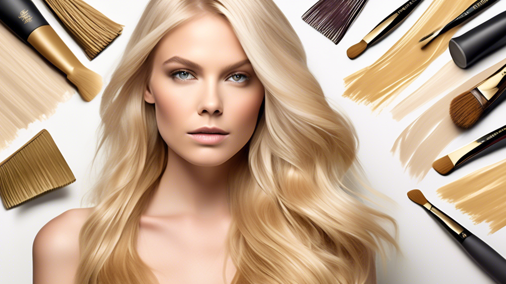 Create an image that showcases a colorful array of swatches featuring various shades of blonde, such as icy platinum, golden honey, and ash blonde. The swatches are laid out elegantly on a background of salon tools like foil sheets, combs, and hair dye brushes. There are also subtle, professional touches; including a colorist consultation in the corner where a stylist is advising a client, illustrating the decision process for choosing the perfect blonde shade. The setting should be bright and modern to convey the professional and meticulous nature of achieving the perfect blonde with full foil highlights.