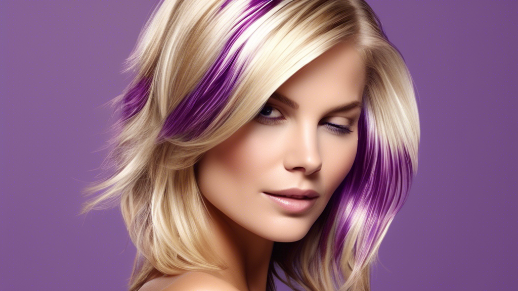 Create an image that captures the essence of maintaining blonde full foil highlights. Show a woman with beautifully vibrant, well-maintained blonde full foil highlights performing a hair care routine in a stylish bathroom. Surround her with essential hair care products like purple shampoo, hydrating conditioners, and heat protection sprays. Add small details like a calendar with a mark on the touch-up date and a consultation with a colorist, emphasizing her commitment to keeping her blonde highlights flawless. The background should have soft lighting that complements the blonde tones in her hair.