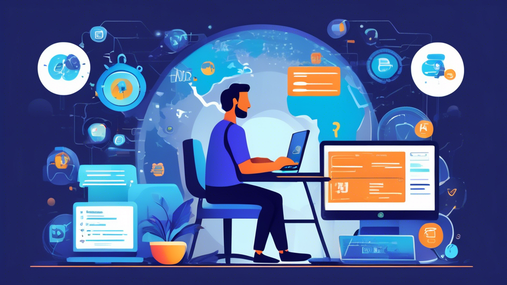 Create an illustration of a tech-savvy person sitting at their computer, navigating websites of top Smart DNS providers. The screen shows a list of providers offering free trials, with call-to-action buttons like 