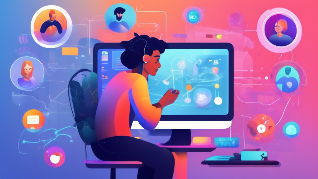 Create an image that shows a person sitting in front of a computer, looking satisfied and engaged while exploring various streaming platforms. The computer screen should display a dashboard with options like network settings, region selection, and a live chat support icon. Include a prominent on-screen banner that says Smart DNS Free Trial. The background should be filled with icons representing different global websites and streaming services. The scene should convey the idea of fully utilizing and evaluating a Smart DNS service during a free trial period.