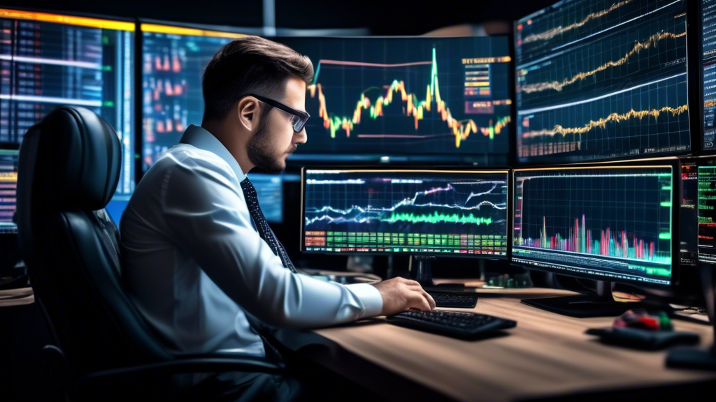 An analytical trader observing live XAUUSD trading signals on multiple computer screens, displaying detailed graphs and indicators for both technical and fundamental analysis, with annotations for stop loss and take profit levels highlighted on one of the screens.