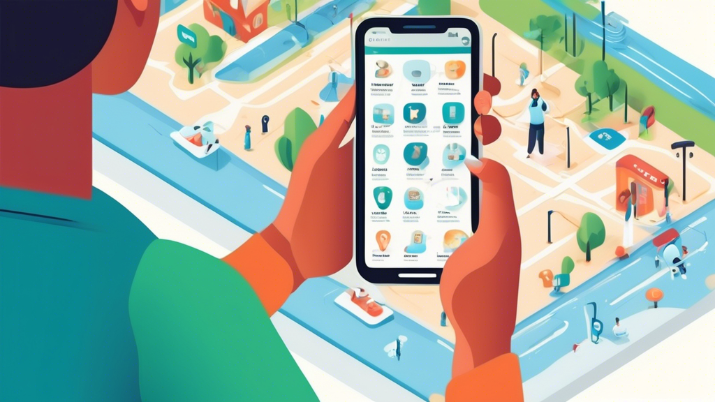 Create an image showing a person using a smartphone to search for nearby physical therapy centers. The screen displays a map with multiple pins indicating various locations, and the user is reading reviews and checking the credibility of the listed centers. Include icons or symbols representing credibility, quality service, and user reviews, creating a visually clear and informative scene.