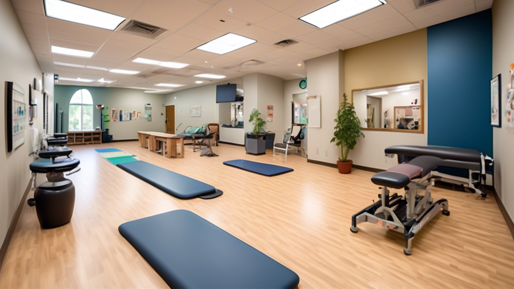 /Imagine a bustling yet inviting physical therapy center with a welcoming front desk, where patients of various ages and backgrounds are interacting with friendly, professional staff. The room is filled with modern rehabilitation equipment, therapy mats, and an exercise area. One patient is receiving guided therapy on a table, another is doing resistance band exercises under the supervision of a therapist, and yet another is discussing treatment with a therapist holding a clipboard. There are informational posters about physical therapy techniques on the walls, and an overall atmosphere of care and support. The image should convey a sense of what to expect during a visit, including the typical services offered and the personable interaction with knowledgeable staff at the closest physical dot near you.