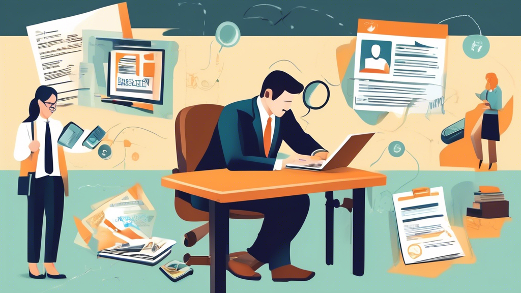 Create an image depicting a step-by-step guide to finding the best slip and fall injury lawyers. Illustrate a person using a computer to search online, flipping through a local legal directory, and talking to a lawyer in an office. Incorporate elements like local bar association logos, legal books, and a magnifying glass symbolizing thorough research.