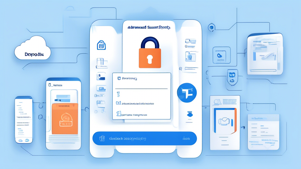 Create an image that illustrates the advanced security and privacy features of Dropbox Business. Show elements like a digital lock with end-to-end encryption, a smartphone displaying 2-factor authentication, and symbols for GDPR and ISO certifications. In the background, include a subtle comparison chart hinting at the superior security features of Dropbox Business compared to other cloud services. Make sure the Dropbox Business logo is prominently visible.